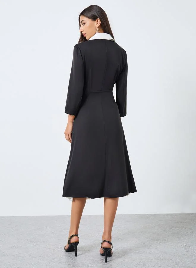 Styli black and white Styli Color Block Pleated Insert Blazer Midi Dress for Women | Best Price UAE