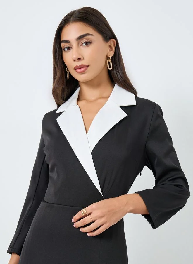 Styli black and white Styli Color Block Pleated Insert Blazer Midi Dress for Women | Best Price UAE