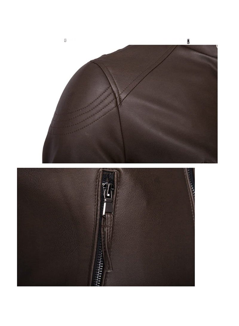 Generic PU Leather Locomotive Coat for Men, Zipper Jacket Motorcycle Jacket Zippered Coats Stylish Jackets Slim Coats Casual Jacket(Color : Dark Brown, Size : X-Large)  - Image 5