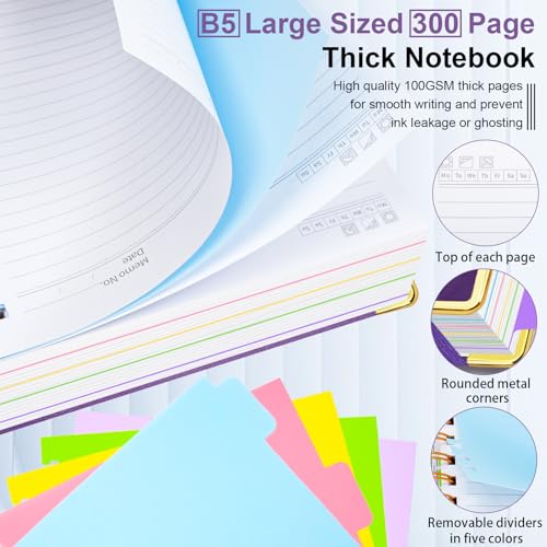 GDGDSY Hardcover Spiral Notebook 8"x10" Journal Notebook with Tabs and Removable Dividers 300 Pages 5 Subject Notebook College Ruled, Faux Leather Spiral Bound Notebook for Women School Work (Purple) - Image 4
