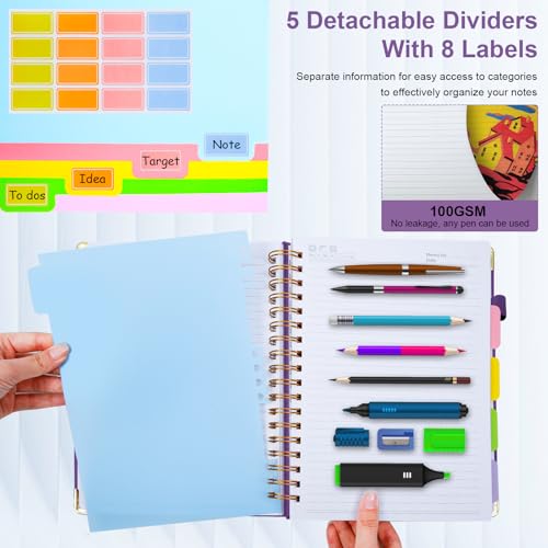 GDGDSY Hardcover Spiral Notebook 8"x10" Journal Notebook with Tabs and Removable Dividers 300 Pages 5 Subject Notebook College Ruled, Faux Leather Spiral Bound Notebook for Women School Work (Purple) - Image 5