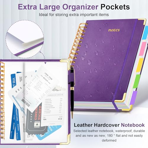 GDGDSY Hardcover Spiral Notebook 8"x10" Journal Notebook with Tabs and Removable Dividers 300 Pages 5 Subject Notebook College Ruled, Faux Leather Spiral Bound Notebook for Women School Work (Purple) - Image 2