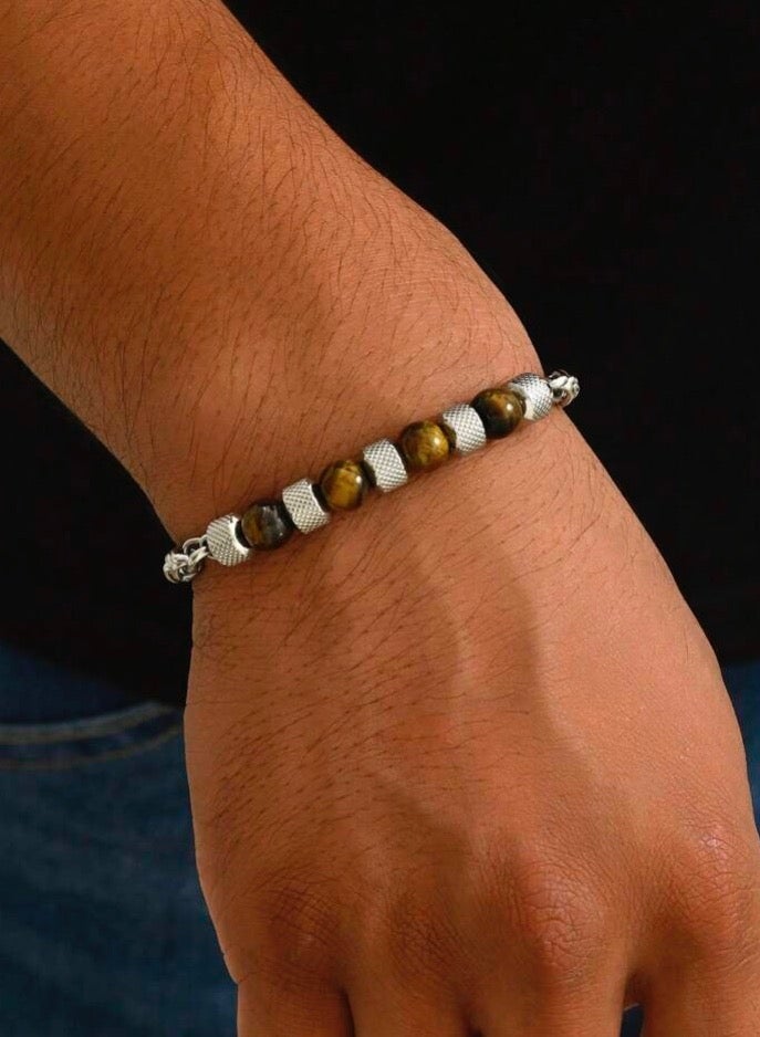 JewelryLand Men’s Bracelet Made Of Stainless Steel And Tiger Eye Stones - Image 1