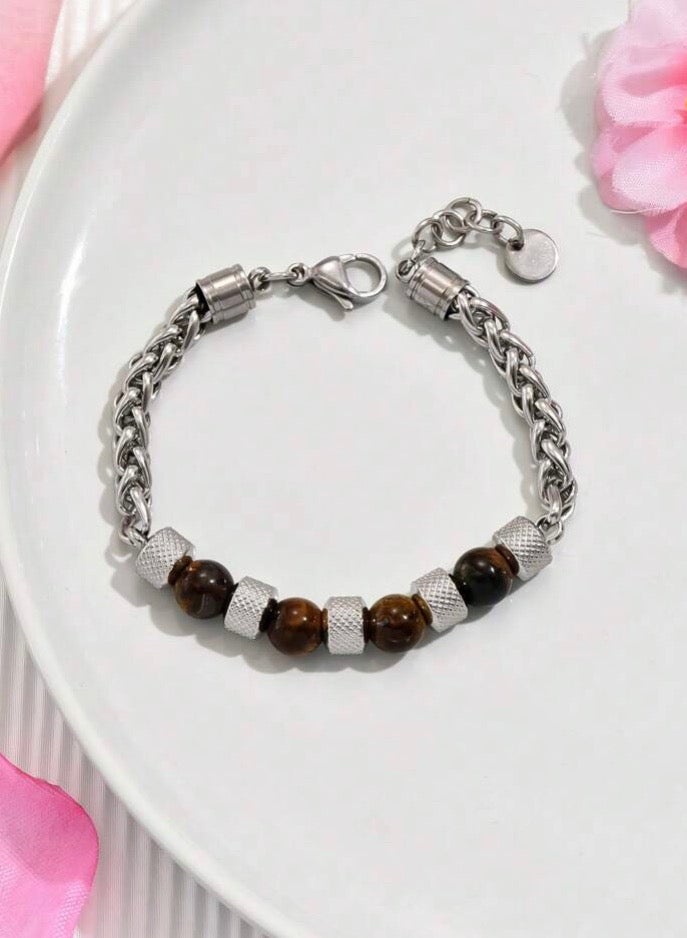 JewelryLand Men’s Bracelet Made Of Stainless Steel And Tiger Eye Stones - Image 2