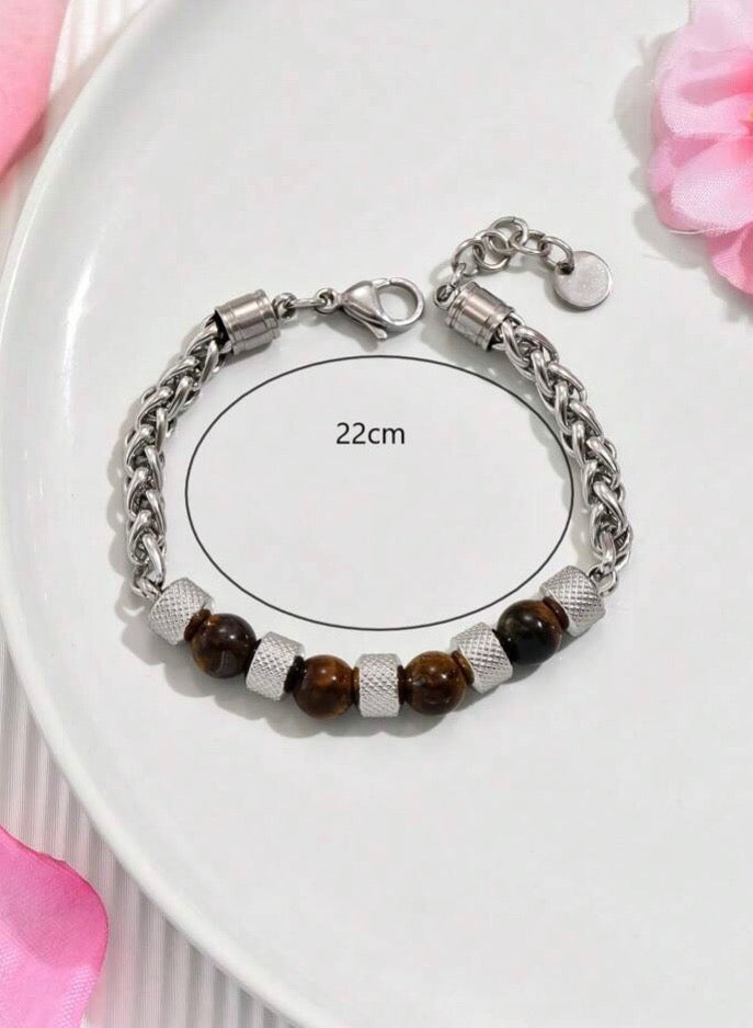 JewelryLand Men’s Bracelet Made Of Stainless Steel And Tiger Eye Stones - Image 4