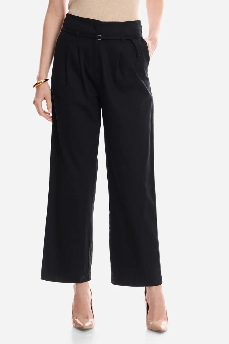 فيرجيو Solid Cotton High-Waist Straight Fit Trousers for Women