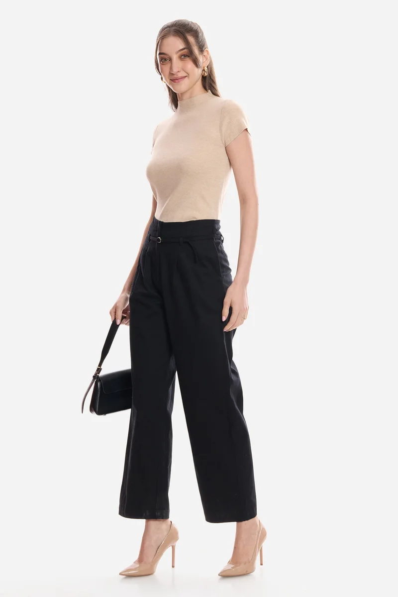 فيرجيو Solid Cotton High-Waist Straight Fit Trousers for Women