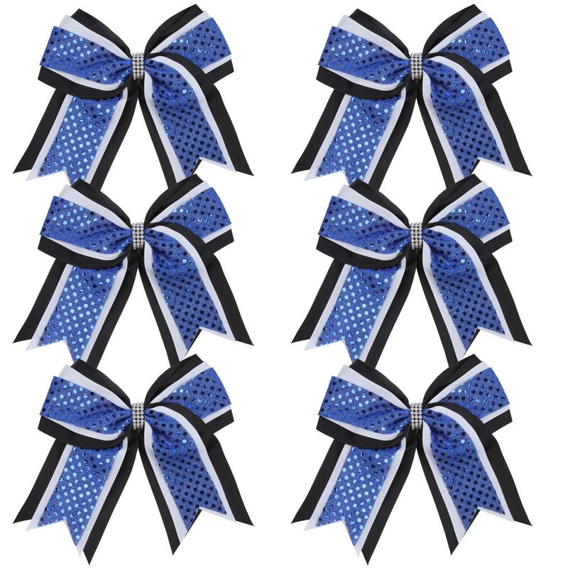 Cheerleader Bows 8 Inch 3 Layers 6 Pcs Ponytail Holder Jumbo Cheerleading Bows Hair Elastic Hair Tie for High School College BlackWhiteRoyal Blue