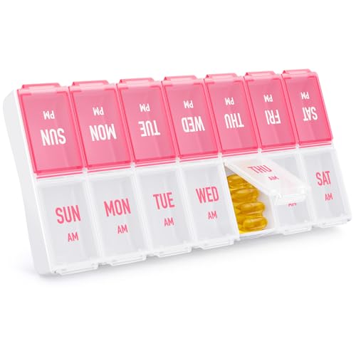 AMOOS Weekly Pill Organizer 2 Times a Day, Stylish Pill Box 7 Day AM PM with Large Compartments, Pill Case Easy to Use, BPA-Free Pill Container for Vitamins, Fish Oils, Supplements, Medicines, Pink - Image 1