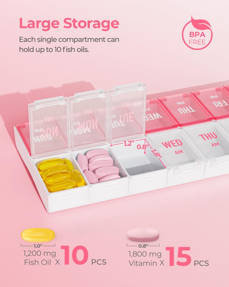 AMOOS Weekly Pill Organizer 2 Times a Day, Stylish Pill Box 7 Day AM PM with Large Compartments, Pill Case Easy to Use, BPA-Free Pill Container for Vitamins, Fish Oils, Supplements, Medicines, Pink - Image 3