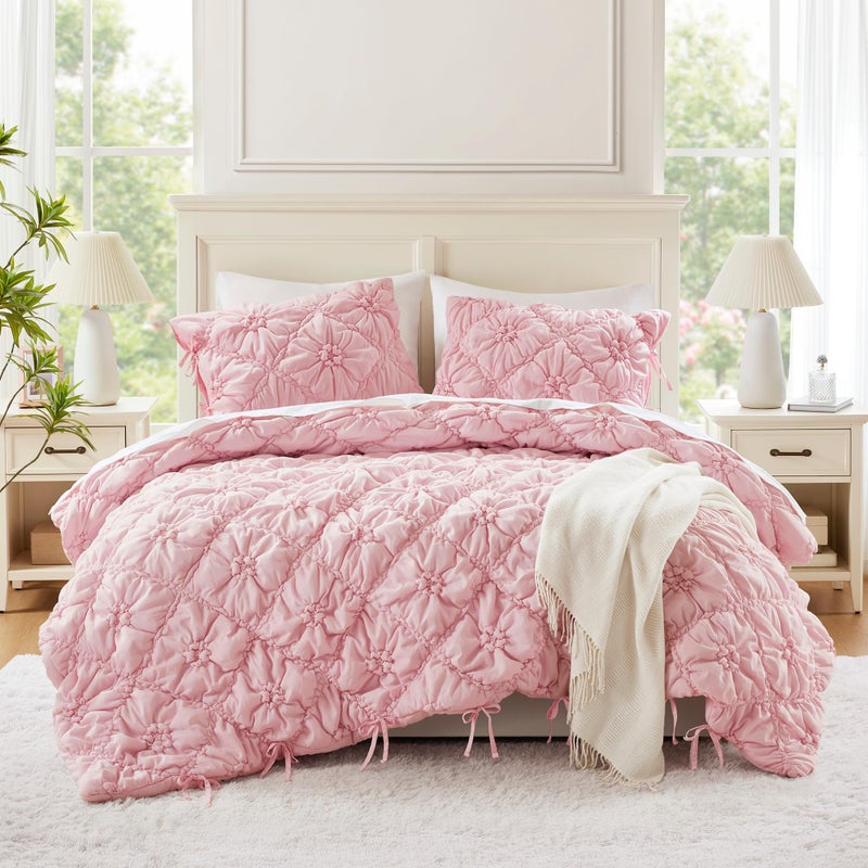 Intelligent Design Queen Comforter Set â€“ Pink Lily Puffy Floral Shabby Chic Boho Bedding, Ultra-Soft, Lightweight & All-Season, Full/Queen - Image 1