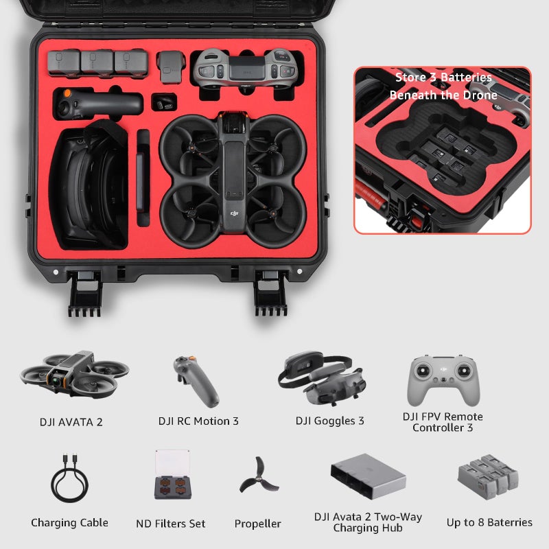 Drogear Waterproof Hard Case for DJI Avata 2 Fly More Combo | Fits DJI Goggles 3 (Not for Goggles N3)/ RC Motion 3 / FPV Remote Controller 3 and Accessories | Up to 8 Batteries | Shockproof, Dustproof - Image 2