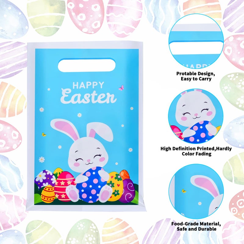 PERFQU 40 Pcs Happy Easter Gift Bags with handles - Spring Bunny Plastic Tote Bags, Blue Reusable Snack Treat Goody Candy Bag - Easter Cute Rabbit Party Favor Bags for Kids Eggs Hunt Party Supplies - Image 3