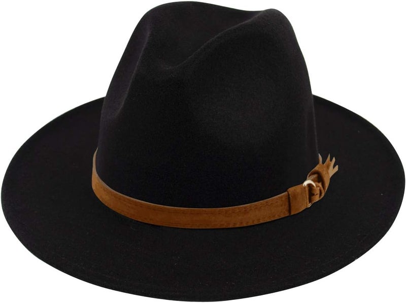 Lanzom Womens Classic Wide Brim Floppy Panama Hat Belt Buckle Wool Fedora Hat - Image 1