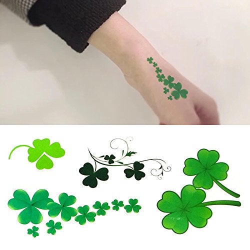 Oottati Small Cute Temporary Tattoo Sticker Set of 2 - Green Four Leaf Clover Lucky Designs for Hand Neck Face Wrist, Waterproof Fake Body Art, Simple & Modern Unisex Skin Decals