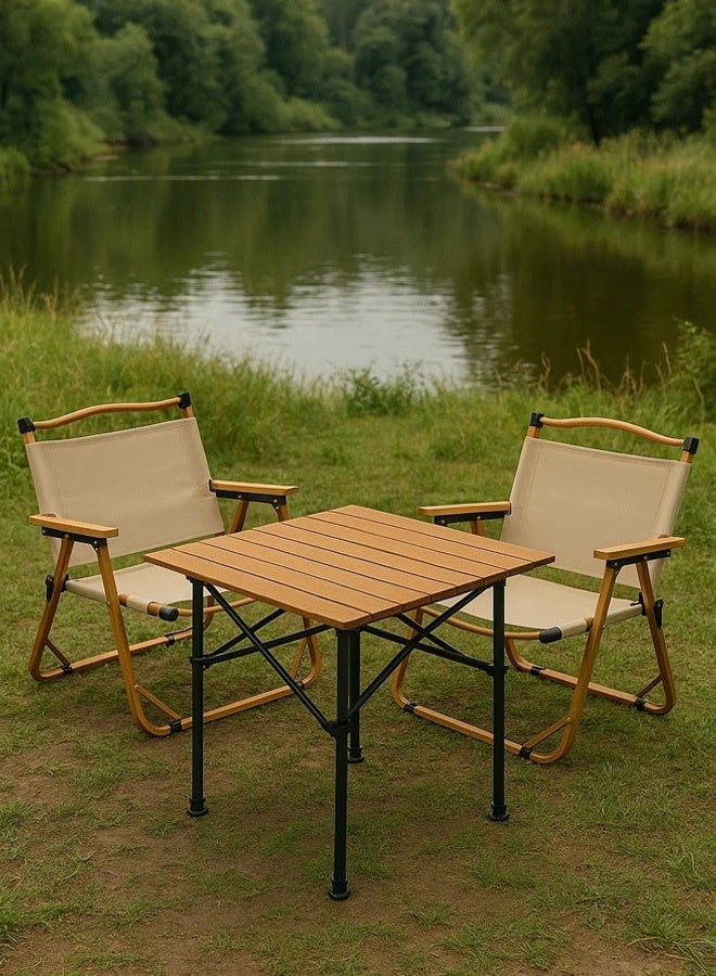 Taimi 3-Piece Camping Set | Portable Folding Height-Adjustable Camping Table with Carrying Bag 53x51x80cm Brown, with 2 Beige Folding Chairs with Metal Frame and Armrest - Image 1
