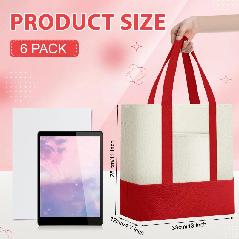 Sanwuta 6 Pcs Canvas Tote Bags Bulk with Outer Pocket Small Sublimation Blank Canvas Tote Reusable Grocery Bag for Women, DIY Craft (Red) - Image 2