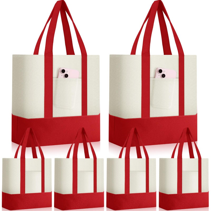 Sanwuta 6 Pcs Canvas Tote Bags Bulk with Outer Pocket Small Sublimation Blank Canvas Tote Reusable Grocery Bag for Women, DIY Craft (Red) - Image 1