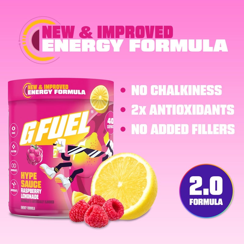 G Fuel Hype Sauce 2.0 Energy Drink Powder, Pre Workout Caffeine Mix for Gaming, Sugar Free Focus Amino, Vitamin + Antioxidants, 8.7oz (Raspberry Lemonade, 40 Servings) - Image 2