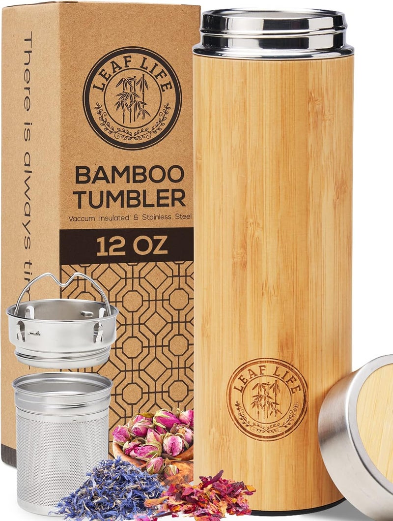 LeafLife Premium Bamboo Tea Bottle for Loose Tea - Tea Infuser Bottle - Tea Gifts - Insulated Water Bottle/Coffee Tumbler/Tea - Tea Gift Set, Tea Accessories - Tea Tumbler 12oz - Image 1