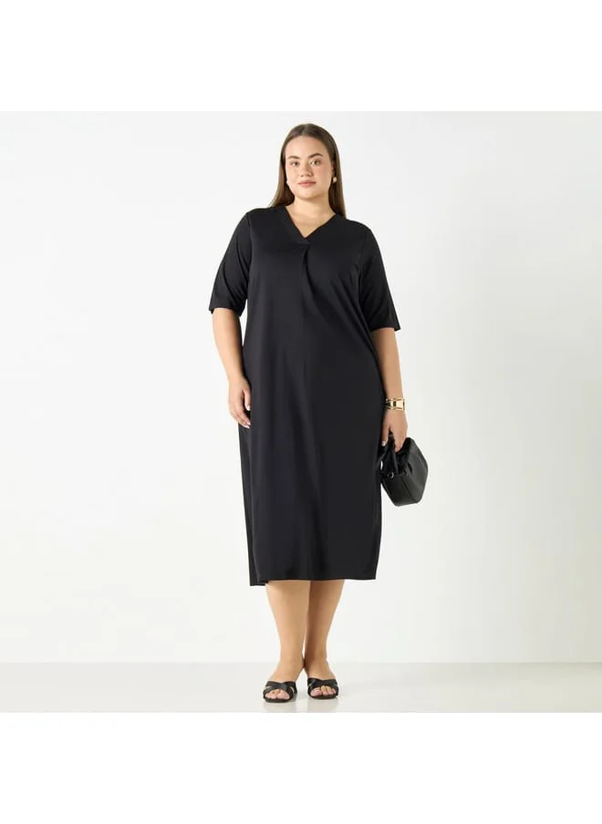 Ulla Popken Plus Size Ulla Popken Solid V-neck Dress with Short Sleeves and Pockets