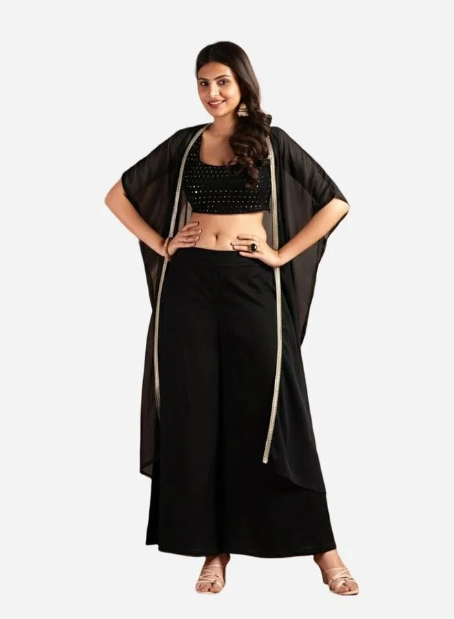 KASYA Women Viscose Sequined Crop Top, Pants and Shrug Co-Ords
