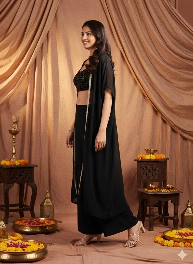 KASYA Women Viscose Sequined Crop Top, Pants and Shrug Co-Ords