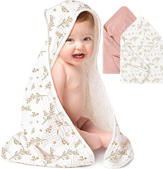Konssy 2-Pack Muslin Hooded Baby Towels, 100% Cotton, Ultra-Soft & Absorbent Baby Bath Towels with Hood for Newborn & Infant (Pink, Floral,30" x 30")