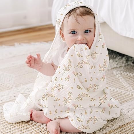 Konssy 2-Pack Muslin Hooded Baby Towels, 100% Cotton, Ultra-Soft & Absorbent Baby Bath Towels with Hood for Newborn & Infant (Pink, Floral,30" x 30") - Image 5