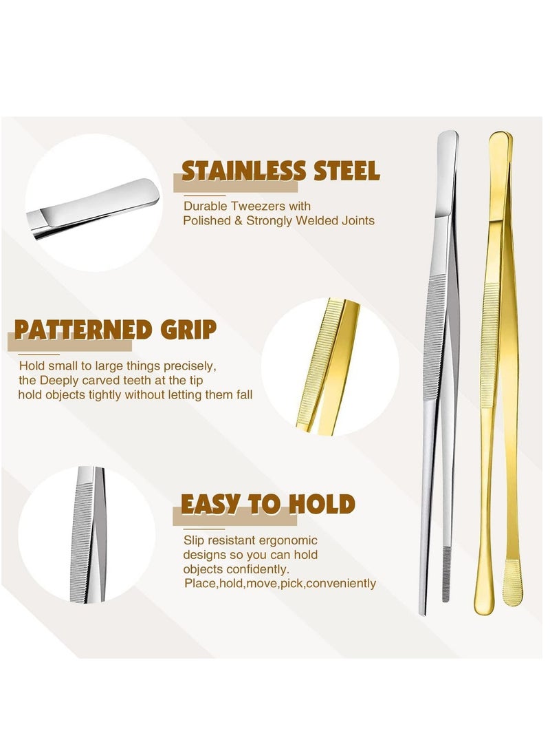 Cooking Tweezer Tongs, Stainless Steel 12" Kitchen Pointed Round Head Tweezers with Precision Serrations for Baking Decor, Kitchen Cooking, Grilling Seafood 2 Pcs, Black - Image 2