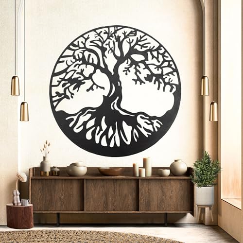 Bellaa 20230 Metal Wall Art Tree Circle Of Life Round Hanging Sculptures Indoor Living Room Outdoor Garden Patio Decor Black 24 inch - Image 1