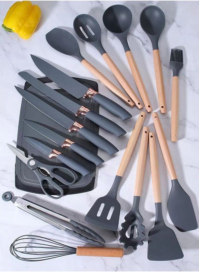 WEMART - 19-Piece Knife and Kitchenware Set Cookware Tools Spoons and Knifes Set Grey - Image 1