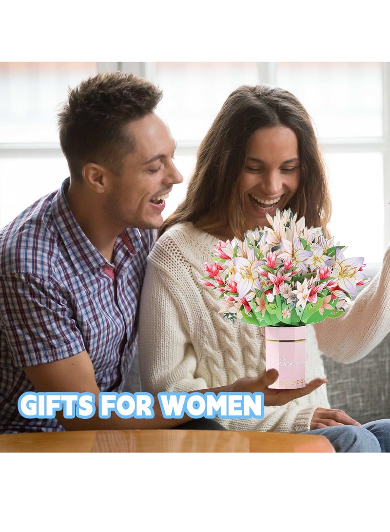 SOLARAE Pop Up Flower Cards, Mothers Day Cards for Mom, Forever Flower Bouquet 3D Paper Cards Pop Up with Note Card and Envelope, Gifts for Women, for Birthday Gifts, Thank You Cards, Graduation Cards - Lily - Image 3