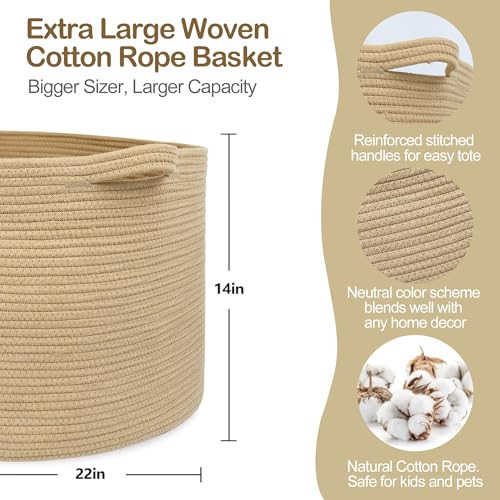 MEGASKET Extra Large Storage Basket, 22" X 22" X 14" Stuffed Animal Basket for Living Room Kids Room, Soft Cotton Rope Bin With Handle, Throw Blanket Storage, Stuffed Animal Toy Organizer Box - Image 2