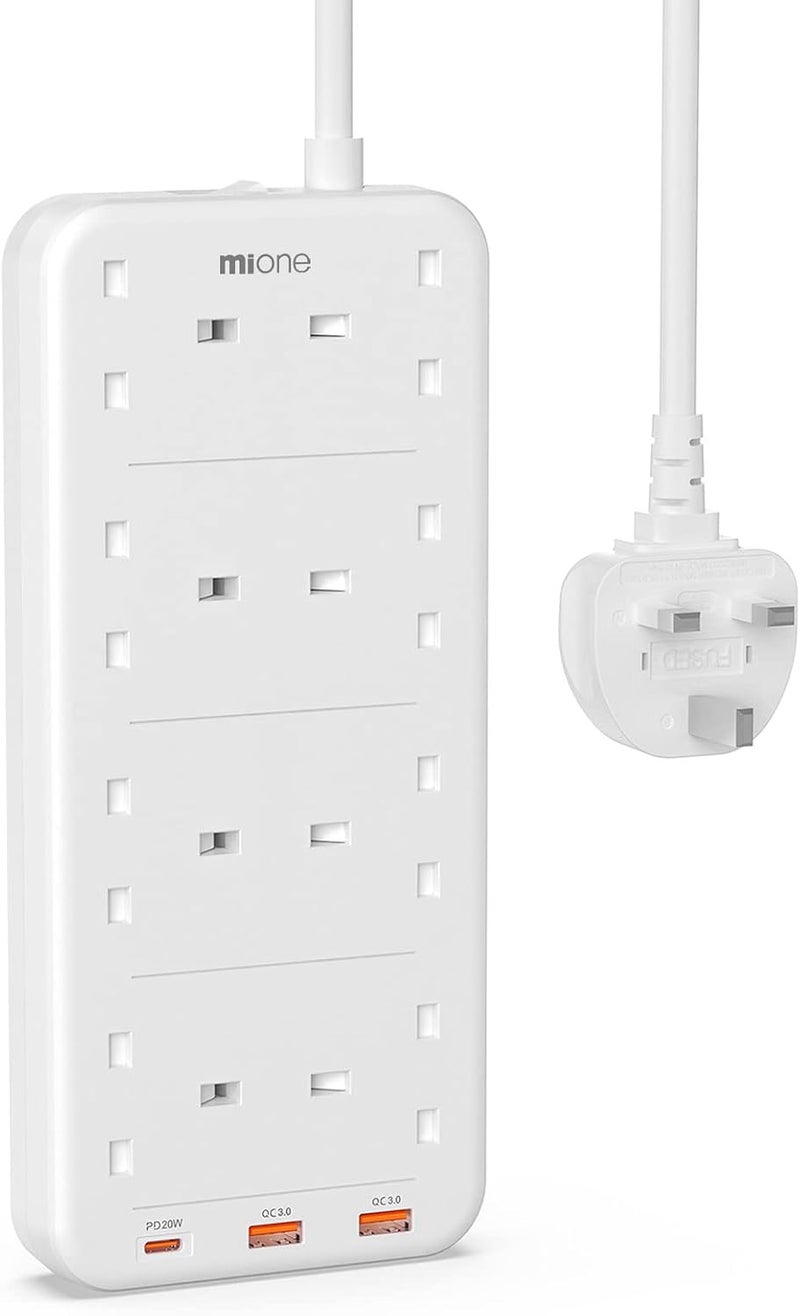 مي وان سلك تمديد 8 منافذ مع USB C، ميون 3250 واط / 13 أمبير مقبس طاقة مع 3 منافذ شحن سريع USB، سلك تمديد متعدد المقابس بريطاني مع مفتاح، للمنزل والمكتب والمطبخ (mis05-bt) - Image 1