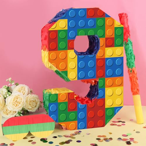 Lemicin Number 9 Pinata Building Blocks 9th Birthday Party Decorations with Pinata Stick Blindfold for Kids Happy Birthday Building Block Theme Party Supplies for Boys Girls 16 x 106 x 3 In - Image 5