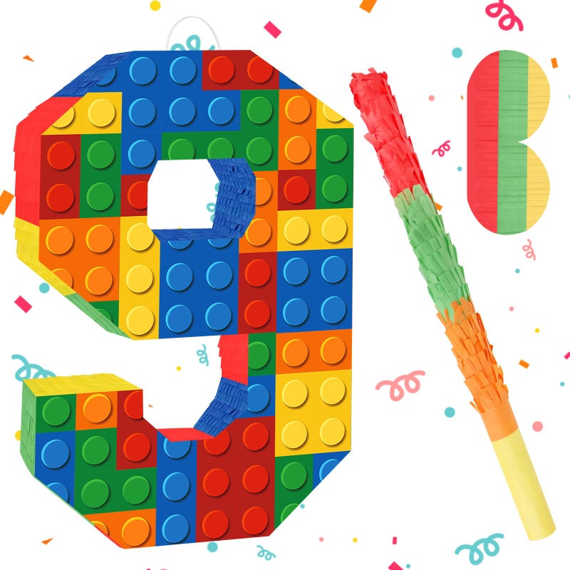 Lemicin Number 9 Pinata Building Blocks 9th Birthday Party Decorations with Pinata Stick Blindfold for Kids Happy Birthday Building Block Theme Party Supplies for Boys Girls 16 x 106 x 3 In - Image 3
