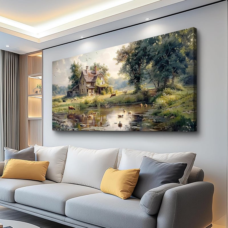 EMODA Farm Wall Painting Canvas 60x120 cm Framed – Rustic Landscape Wall Decor for Home | Large Framed Canvas Print for Living Room Bedroom Home Office Wall Decoration – Premium Quality Artwork for Modern Interior Styling - Image 1