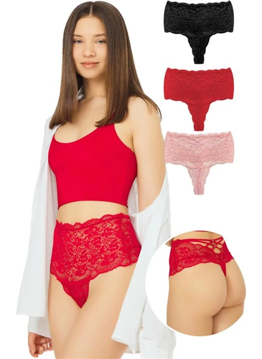 COTTONHILL Lace Elastic Detailed High Waist Women's Thong 3-Pack Panties