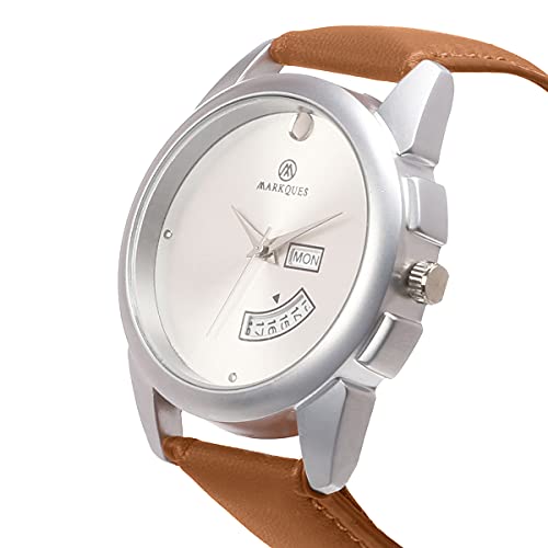MARKQUES Leather Steve Day & Date Analog Watches For Mens And Boys (Silver & Tan Color Watch) (Stv-770904) - Image 3