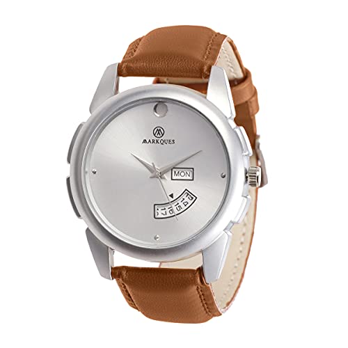 MARKQUES Leather Steve Day & Date Analog Watches For Mens And Boys (Silver & Tan Color Watch) (Stv-770904) - Image 1