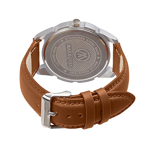 MARKQUES Leather Steve Day & Date Analog Watches For Mens And Boys (Silver & Tan Color Watch) (Stv-770904) - Image 4