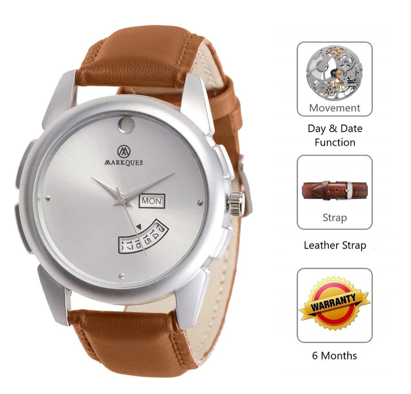 MARKQUES Leather Steve Day & Date Analog Watches For Mens And Boys (Silver & Tan Color Watch) (Stv-770904) - Image 2