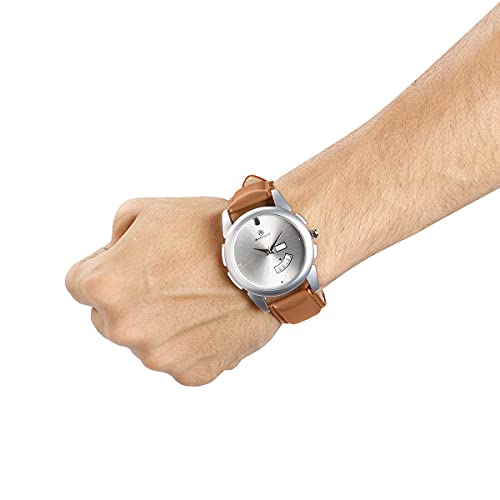 MARKQUES Leather Steve Day & Date Analog Watches For Mens And Boys (Silver & Tan Color Watch) (Stv-770904) - Image 5