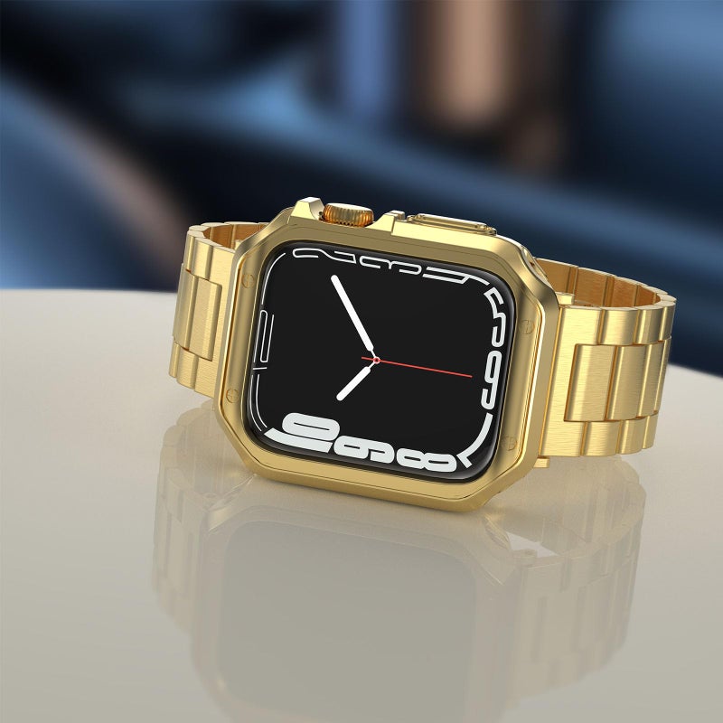 MRYUESG Compatible with Apple Watch Band and Case, Stainless Steel Metal Chain with TPU Cover, Smart-Watch Link Bracelet Strap, Wrist-Band for i-Watch Series 9 8 7 6 5 4 3 2 1 SE, 45mm 44mm 42mm, Gold - Image 3