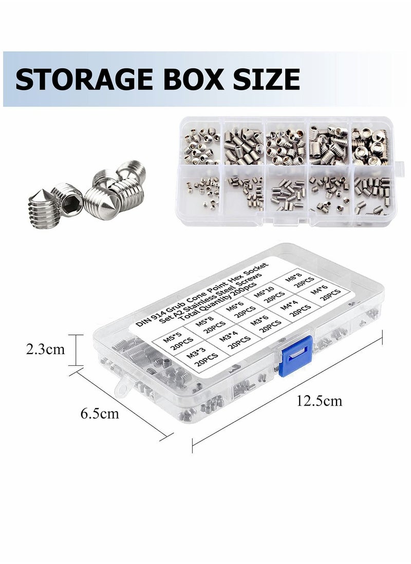 SYOSI - Stainless Steel Grub Cone Point Hex Socket Screws Set, 200 Pcs Metric Thread Socket Allen Key Cup Point Grub Screw Set with M3 M4 M5 M6 M8 - Image 1