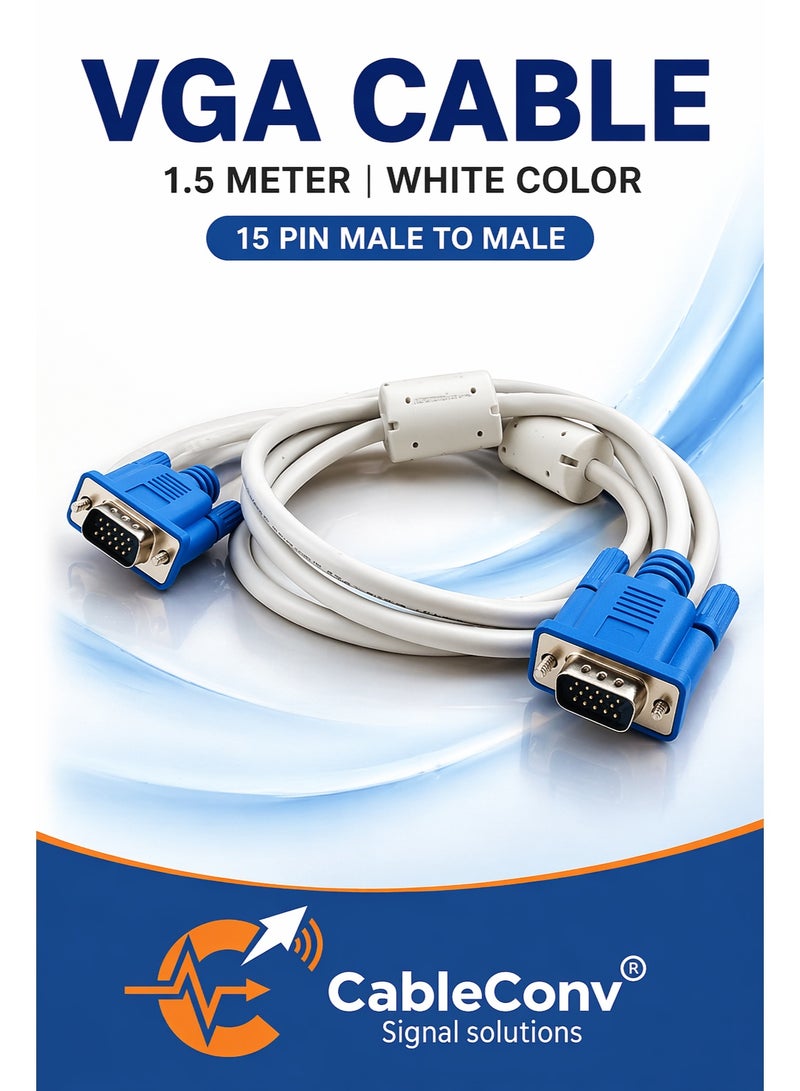 CABLE CONV VGA Cable 1.5 Meter White Color 15 Pin Male to Male – High-Resolution Monitor & PC Display Connector, Durable Video Cable - Image 1