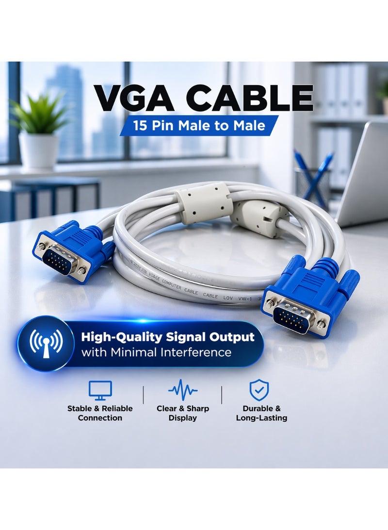 CABLE CONV VGA Cable 1.5 Meter White Color 15 Pin Male to Male – High-Resolution Monitor & PC Display Connector, Durable Video Cable - Image 3