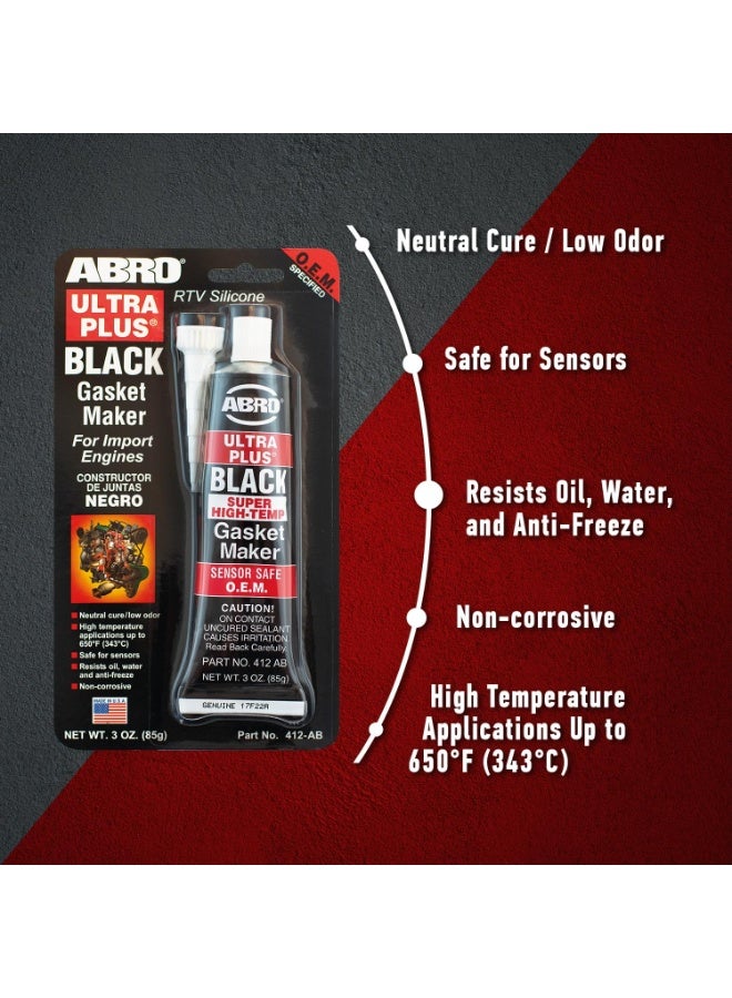 Abro ABRO Ultra Plus 999 RTV Silicone Sealant and Gasket Maker, for Import Engines, Sensor Safe, Non-Corrosive, High Temp Silicone Sealant/Head Gasket Sealant, 650 Degrees F, 3 oz. Tube - Black  - Image 2