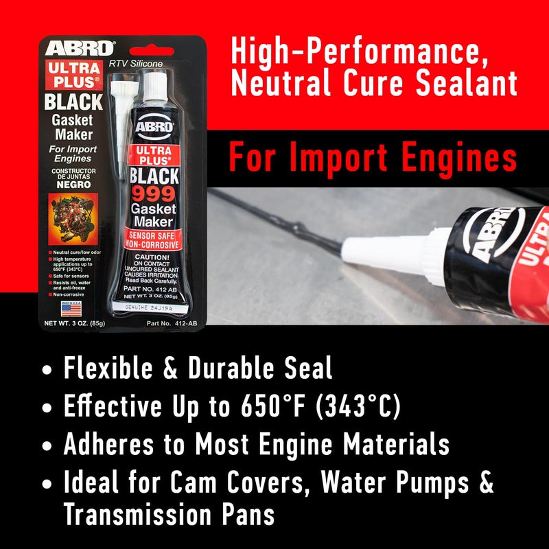 ABRO Ultra Plus 999 RTV Silicone Sealant and Gasket Maker, for Import Engines, Sensor Safe, Non-Corrosive, High Temp Silicone Sealant, 650 Degrees F, 3 oz. Tube - Black - Image 3